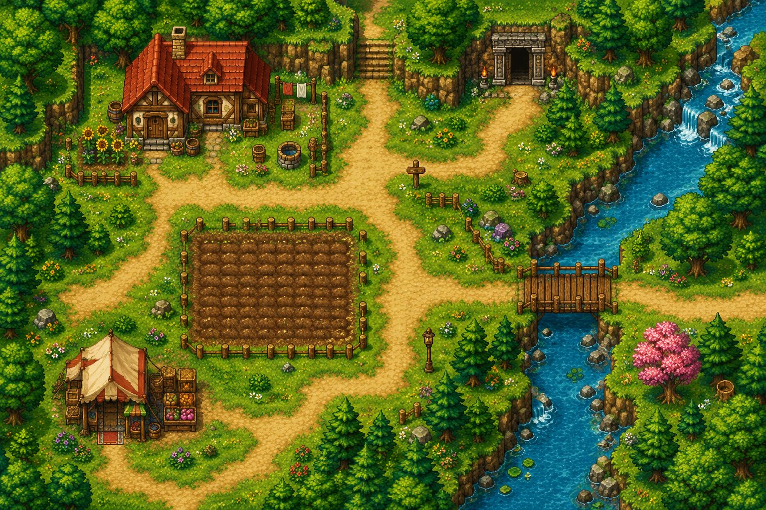 Your cottage, workyard and riverside garden.